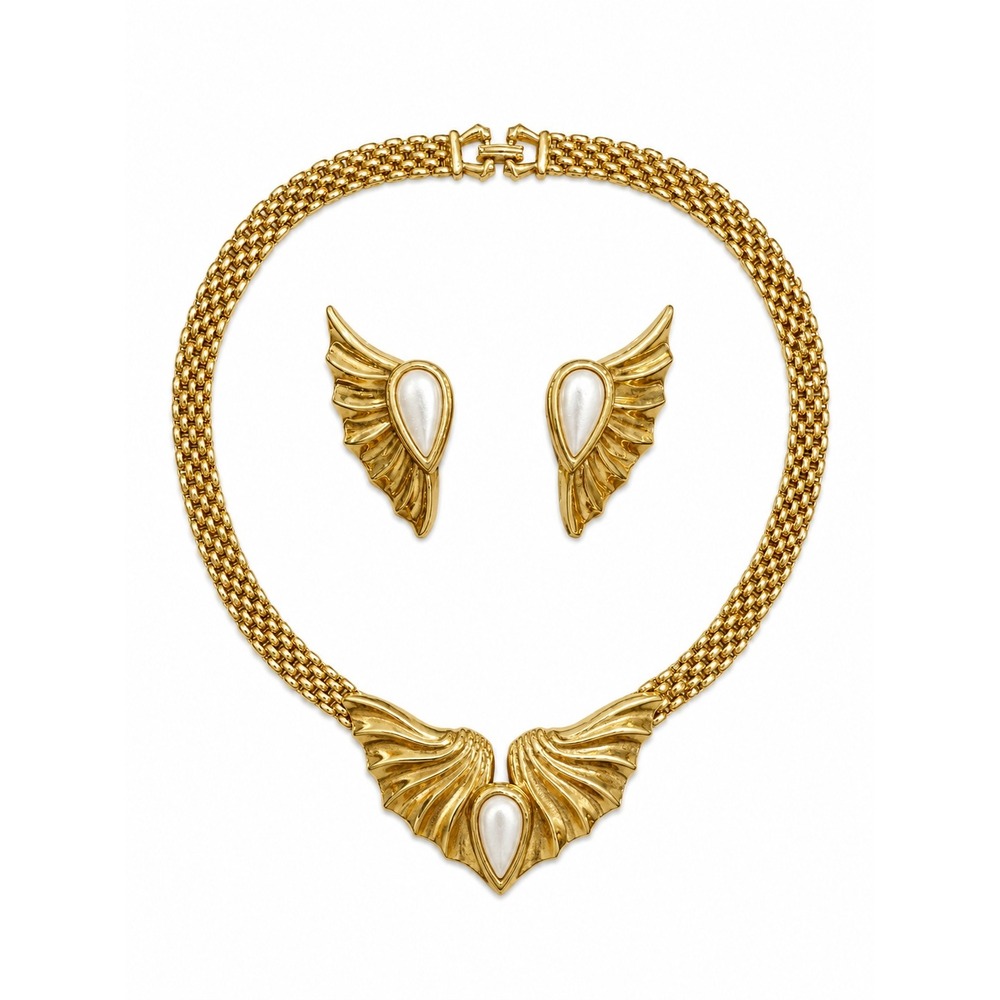 Vintage Gold Tone Faux Pearl Necklace Earring Set Statement Runway Glam Jewelry